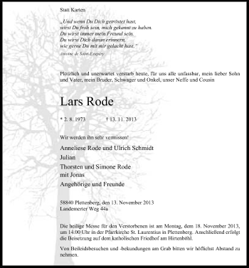 Todesanzeige von Lars Rode von MZV