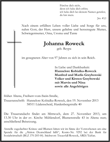 Todesanzeige von Johanna Roweck von MZV
