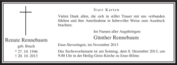Todesanzeige von Renate Rennebaum von MZV