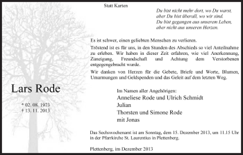 Todesanzeige von Lars Rode von MZV