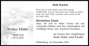 Todesanzeige von Walter Höfer von MZV