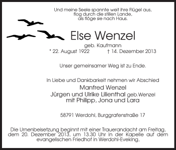 Todesanzeige von Else Wenze von MZV