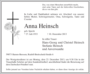 Todesanzeige von Anna Heinsch von MZV