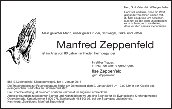 Todesanzeige von Manfred Zeppenfeld von MZV