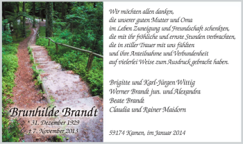 Todesanzeige von Brunhilde Brandt von MZV