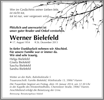 Todesanzeige von Werner Bielefeld von MZV