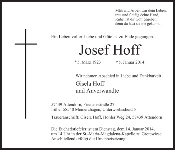 Todesanzeige von Josef Hoff von MZV
