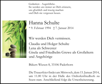 Todesanzeige von Hanna Schulte von MZV