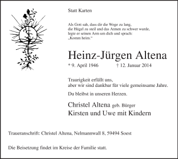 Todesanzeige von Heinz-Jürgen Altena von MZV