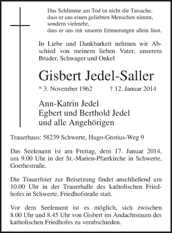 Todesanzeige von Gisbert Jedel-Saller von MZV