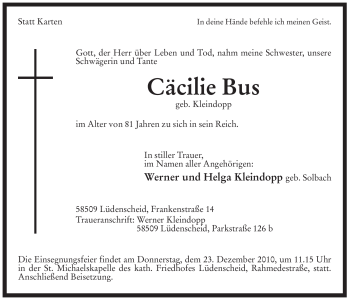 Todesanzeige von Cäcilie Bus von WESTFÄLISCHER ANZEIGER