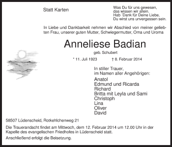 Todesanzeige von Anneliese Badian von MZV