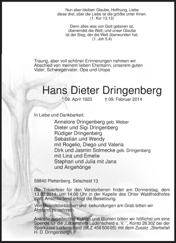 Todesanzeige von Hans Dieter  Dringenberg von MZV