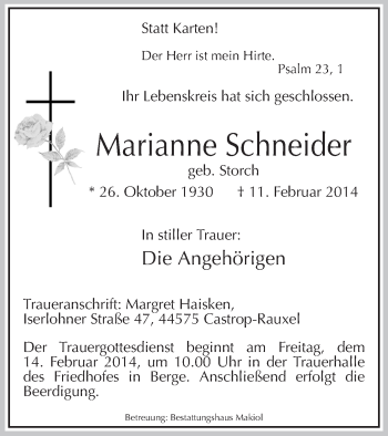 Todesanzeige von Marianne Schneider von MZV