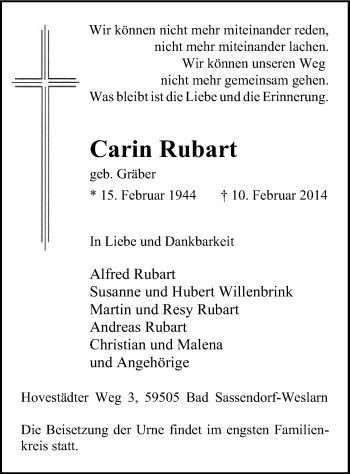 Todesanzeige von Carin Rubart von MZV