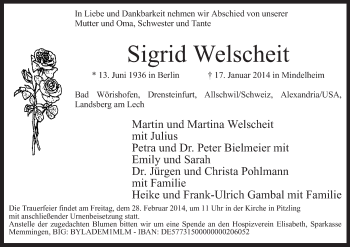 Todesanzeige von Sigrid Welscheit von MZV