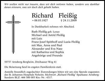 Todesanzeige von Richard Fleißig von WESTFÄLISCHER ANZEIGER