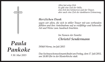Todesanzeige von Paula Pankoke von MZV