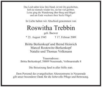Todesanzeige von Roswitha Trebbin von WESTFÄLISCHER ANZEIGER