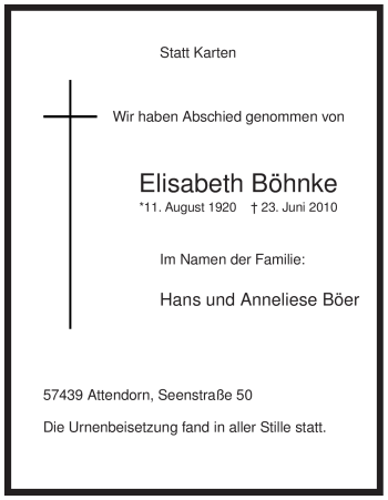Todesanzeige von Elisabeth Böhnke von WESTFÄLISCHER ANZEIGER