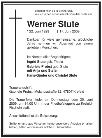 Todesanzeige von Werner Stute von WESTFÄLISCHER ANZEIGER