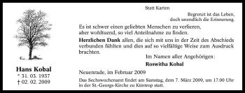 Todesanzeige von Hans Kobal von WESTFÄLISCHER ANZEIGER