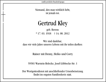 Todesanzeige von Gertrud Kley von WESTFÄLISCHER ANZEIGER