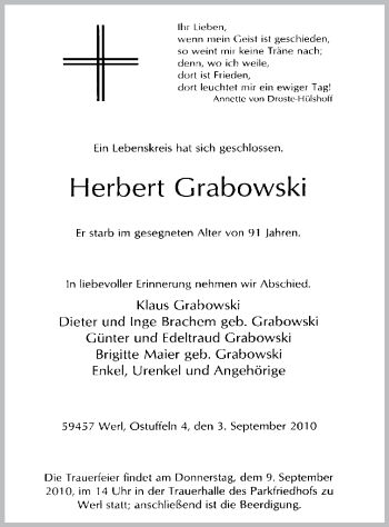 Todesanzeige von Herbert Grbowski von WESTFÄLISCHER ANZEIGER