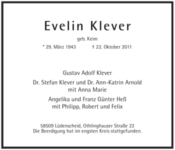 Todesanzeige von Evelin Klever von WESTFÄLISCHER ANZEIGER
