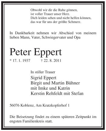 Todesanzeige von Peter Eppert von WESTFÄLISCHER ANZEIGER