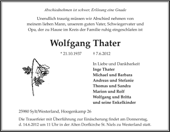 Todesanzeige von Wolfgang Thater von WESTFÄLISCHER ANZEIGER
