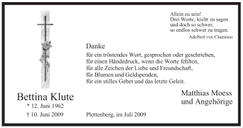 Todesanzeige von Bettina Klute von WESTFÄLISCHER ANZEIGER