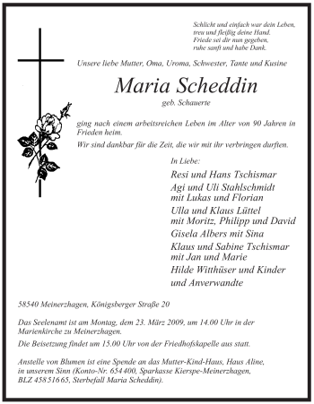 Todesanzeige von Maria Scheddin von WESTFÄLISCHER ANZEIGER