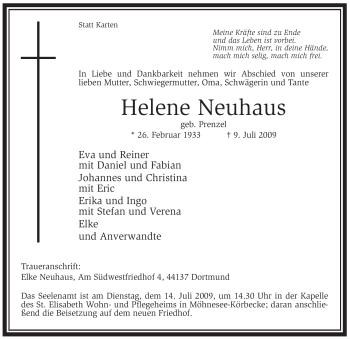 Todesanzeige von Helene Neuhaus von WESTFÄLISCHER ANZEIGER