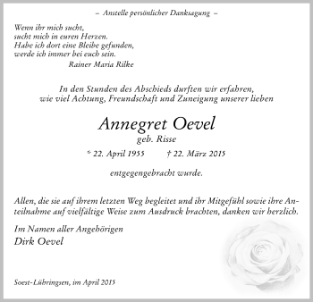 Todesanzeige von Annegret Oevel von MZV