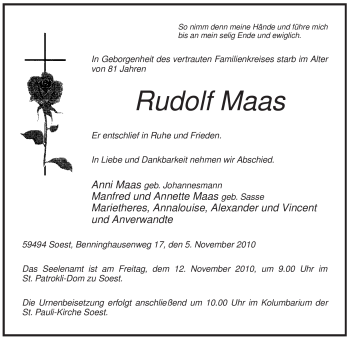 Todesanzeige von Rudolf Maas von WESTFÄLISCHER ANZEIGER