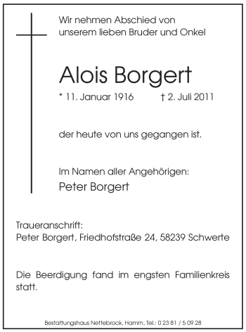 Todesanzeige von Alois Borgert von WESTFÄLISCHER ANZEIGER