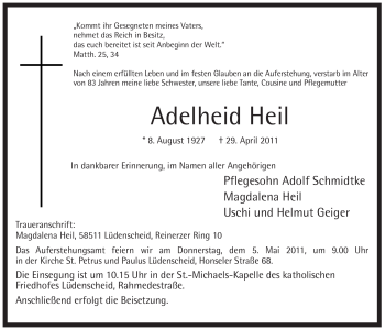 Todesanzeige von Adelheid Heil von WESTFÄLISCHER ANZEIGER