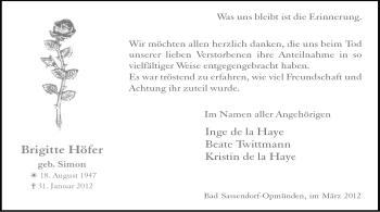 Todesanzeige von Brigitte Höfer von WESTFÄLISCHER ANZEIGER