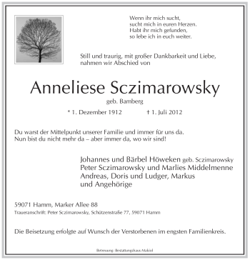 Todesanzeige von Anneliese Sczimarowsky von WESTFÄLISCHER ANZEIGER