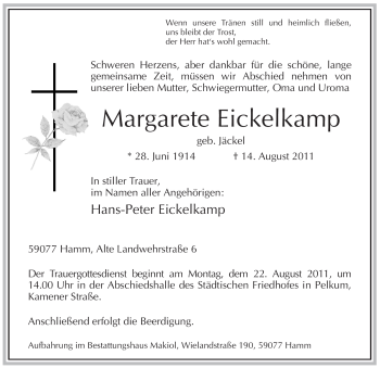 Todesanzeige von Margarete Eickelkamp von WESTFÄLISCHER ANZEIGER