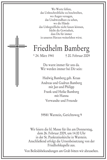 Todesanzeige von Friedhelm Bamberg von WESTFÄLISCHER ANZEIGER
