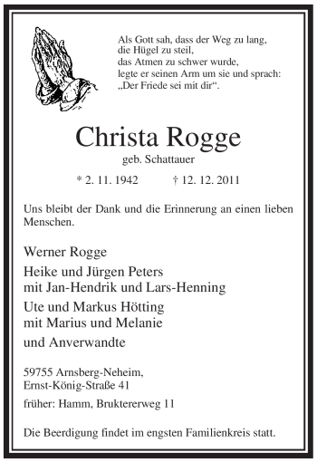 Todesanzeige von Christa Rogge von WESTFÄLISCHER ANZEIGER