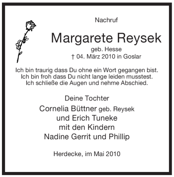 Todesanzeige von Margarete Reysek von WESTFÄLISCHER ANZEIGER