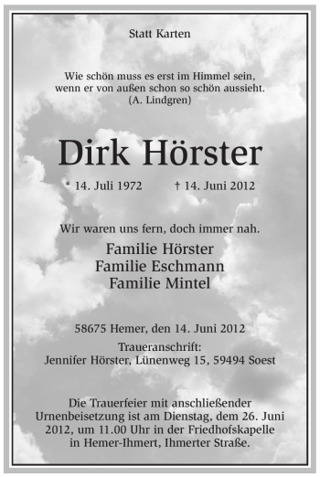 Todesanzeige von Dirk Hörster von WESTFÄLISCHER ANZEIGER