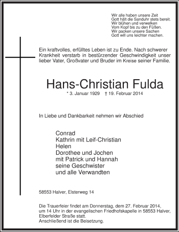 Todesanzeige von Hans-Christian Fulda von MZV