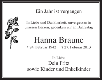 Todesanzeige von Hanna Braune von MZV