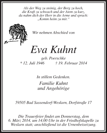 Todesanzeige von Eva Kuhnt von MZV