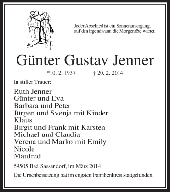 Todesanzeige von Günter Gustav Jenner von MZV