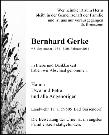 Todesanzeige von Bernhard Gerke von MZV